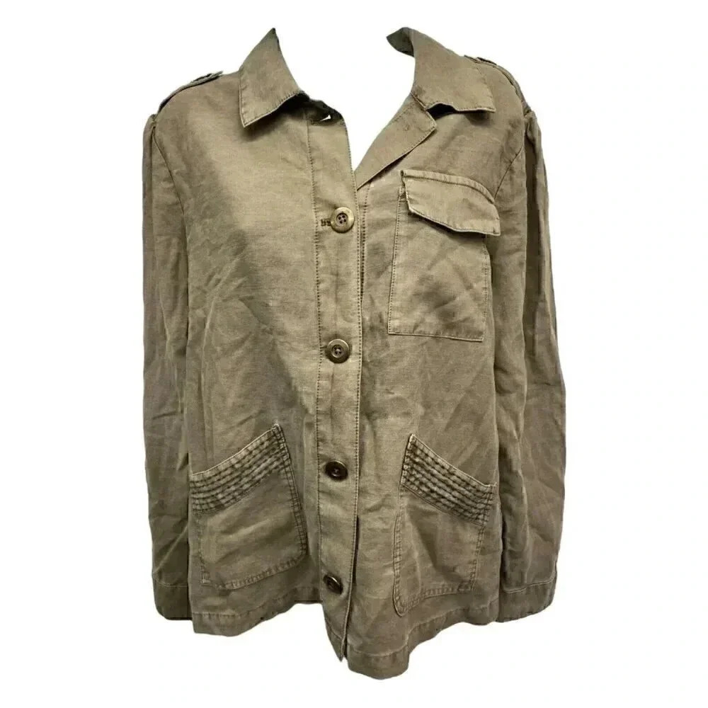 Womens military style Green Khaki button up long sleeve shirt w/ pockets size L